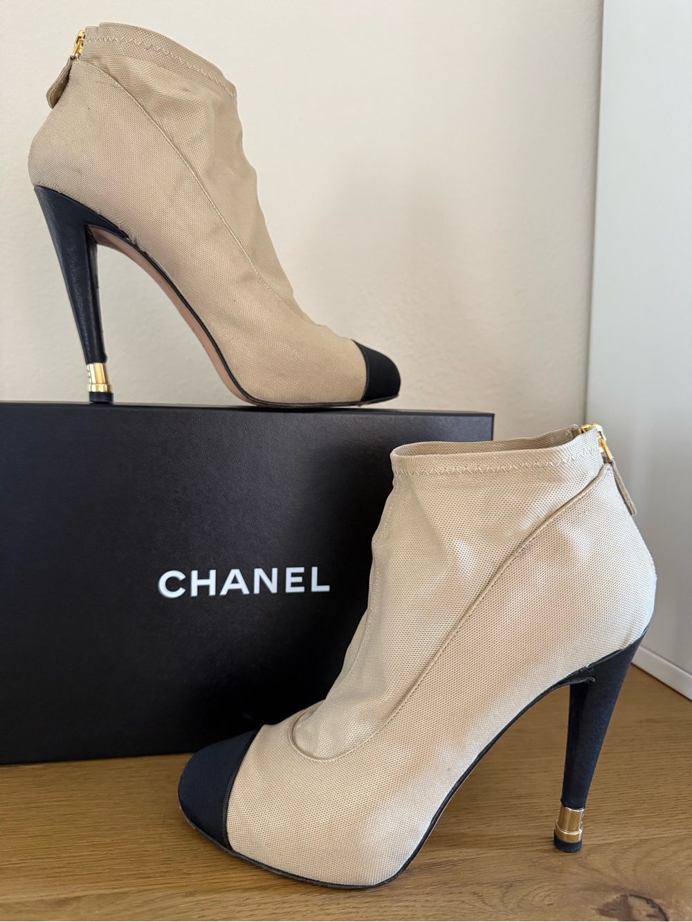 CHANEL Beige Canvas Ankle Booties with Black Cap-Toe Size 40